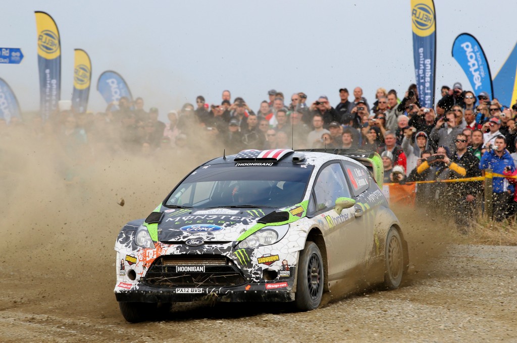 Ken Block & Alex Gelsomino in action during their last visit to NZ - WRC Rally NZ 2012. Photo Euan Cameron